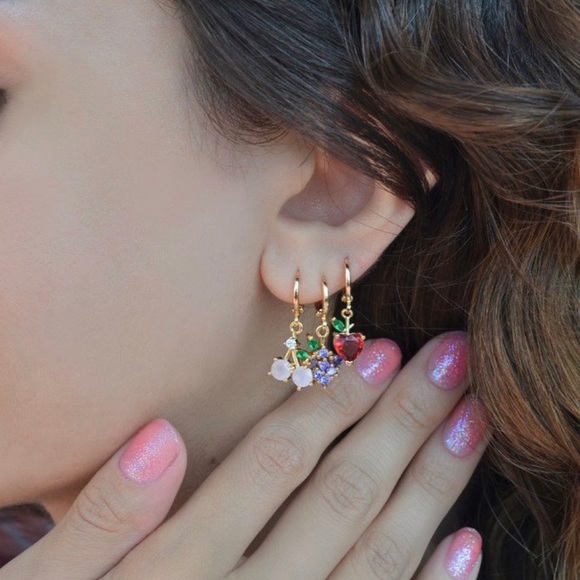 Hoop Earrings | Cherry🍒 • Heart ❤️ • Grape 🍇 Trio | 18K Gold Plated Real Crystal - Picture 5 of 8